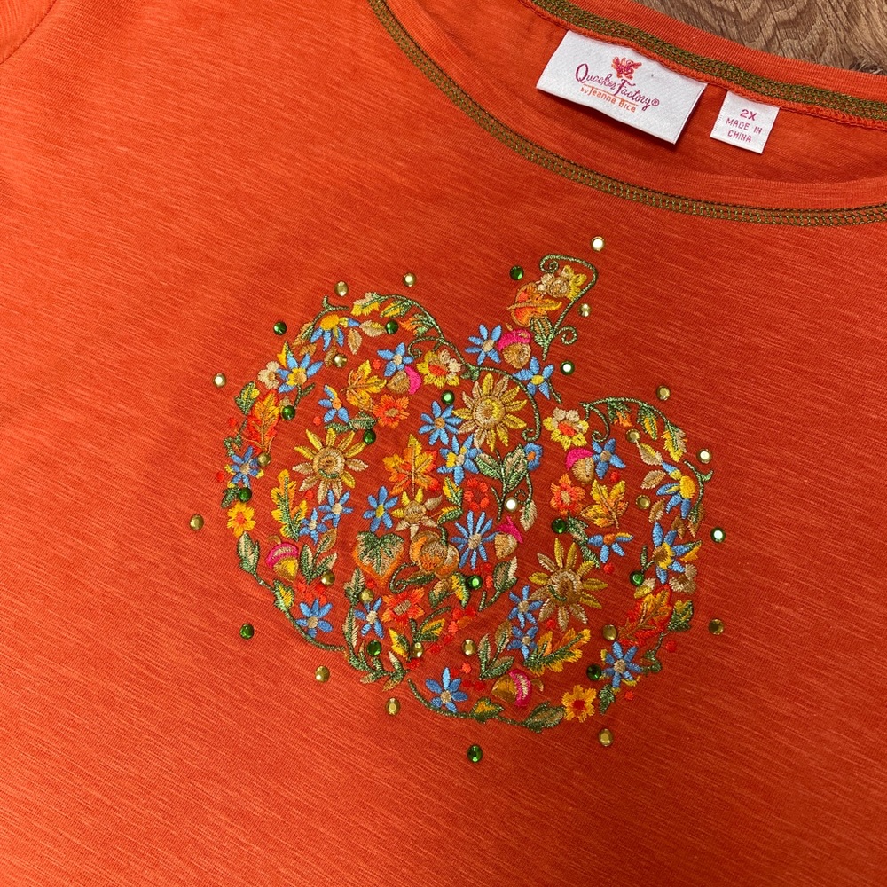 Quacker Factory Womens Pumpkin Embroidered‎ Long Sleeve Top 2X Halloween Fall - Picture 9 of 9